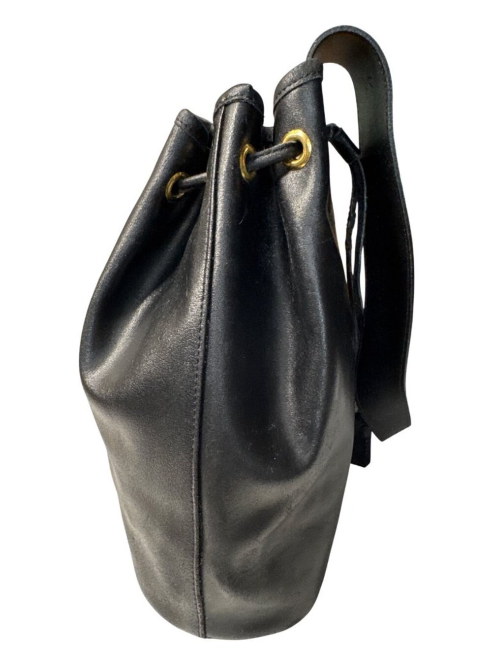 Vintage Longchamp Black Leather Drawstring Bucket Bag With Brass Accents - Picture 3 of 14